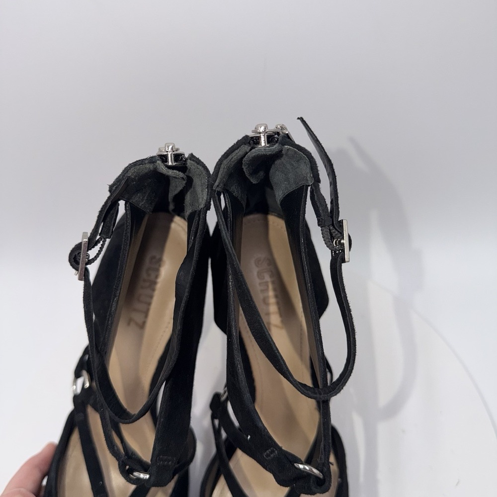 Schutz Black Dezi Strappy Suede Point Toe Stiletto Pumps Women's Size 9B - Picture 6 of 7